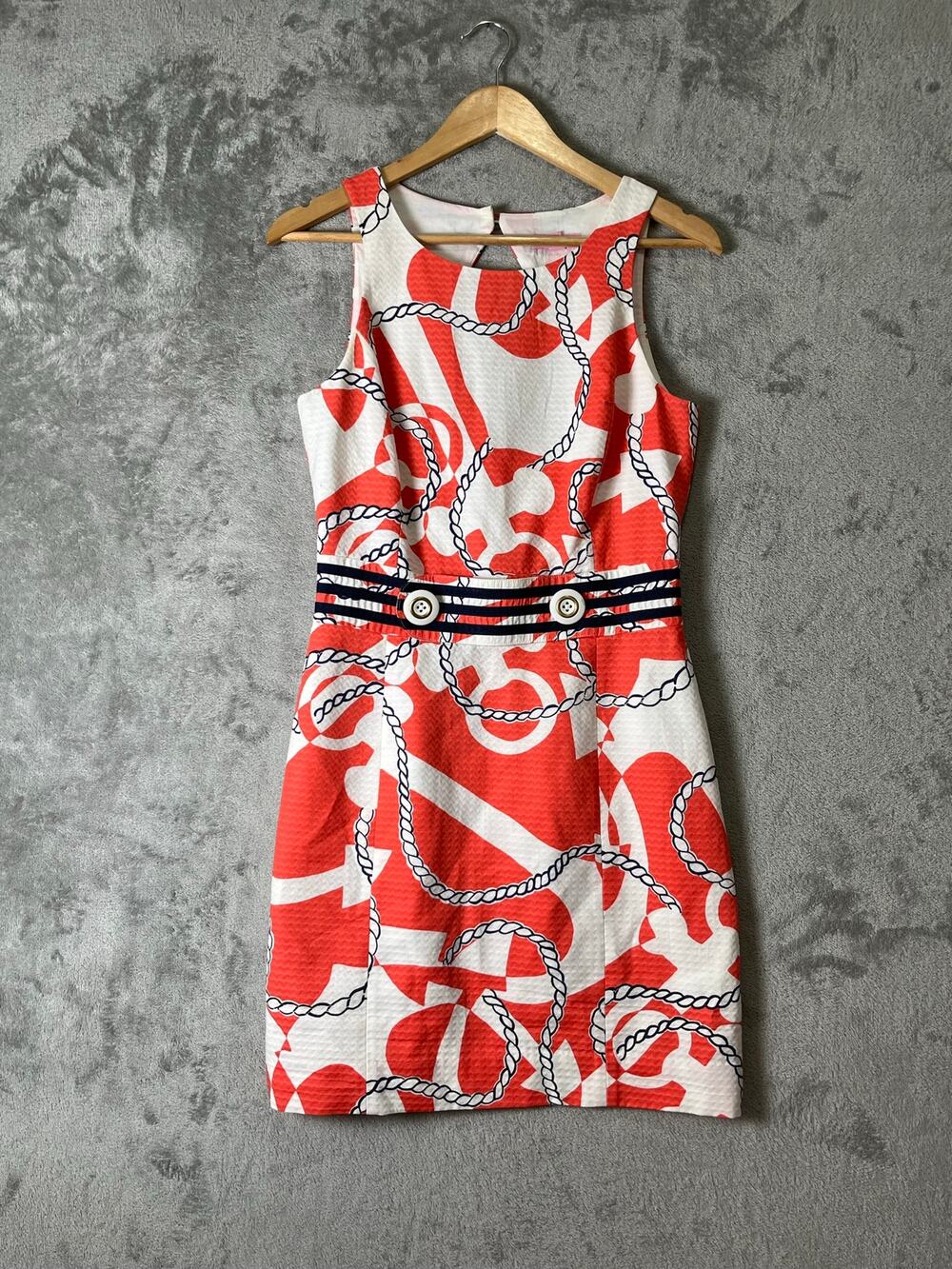 Lilly Pulitzer Kirkland Dress 4 Coral White Nautical Rope Print Shift Sheath